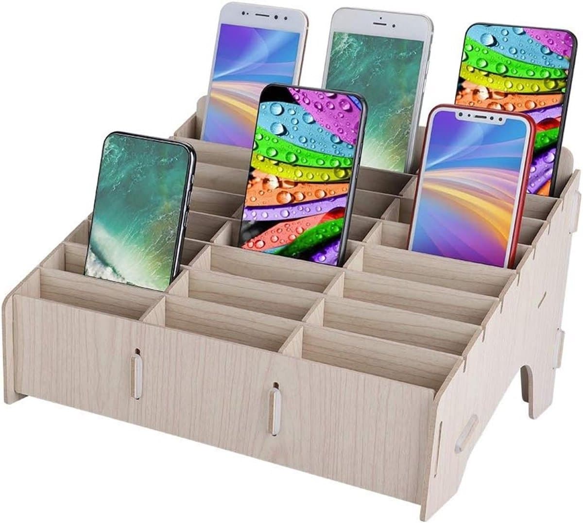 Creatieve Houten Opbergdoos voor Mobiele Telefoons - Desk Organizer voor Klaslokaal en Kantoor, Meerdere Telefoons Beheren en Organiseren — afbeelding 1