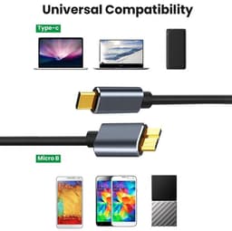 Externe Harde Schijf Kabel - USB C naar Micro-B - Snelle Data Overdracht - 3A Snelladen - 25 cm - Zwart — thumbnail 2