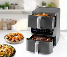 Dubbele Airfryer - Heteluchtoven Multicooker - Gelijk Garen - Verticale Dubbele Kamer - 10 Liter - Grijs — thumbnail 2