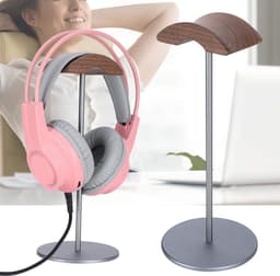 Koptelefoon Standaard - Headset Houder - Bureau Organisatie - Walnoot Hout Basis - Zwart Aluminium — thumbnail 2