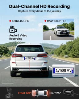 VEVOR 4k Dashcam voor Auto, voor- en Achterkant, 1080p Dubbele Autocamera Met GeïNtegreerde Gps, G-Sensor en 64gb Geheugenkaart, 3,18 Inch Scherm, 129° + 125° Groothoek, Loopopname, Parkeermodus, Zwart — thumbnail 4