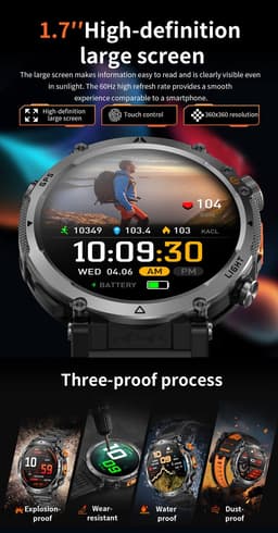 Knobbout GPS Smartwatch 1.7" (4,3 cm) met LED Zaklamp – 850mAh Batterij | IP68 Waterdicht | Kompas, Hoogtemeter & Barometer | Outdoor Sport Horloge met Bluetooth Bellen - Oranje — thumbnail 4