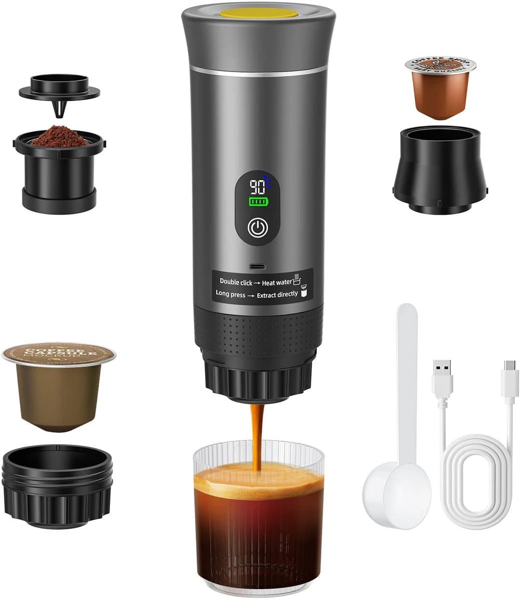 Linkforu - Espressoapparaat voor Capsules of Gemalen Koffie voor Onderweg - Warm of Koud – Oplaadbaar - 12Volt – 72 Watt – 90 ° — afbeelding 1