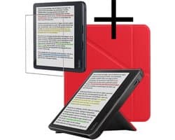 Hoes Geschikt voor Kobo Libra Colour Hoesje Bookcase Cover Book Case Hoes Sleepcover Trifold Met Screenprotector - Rood