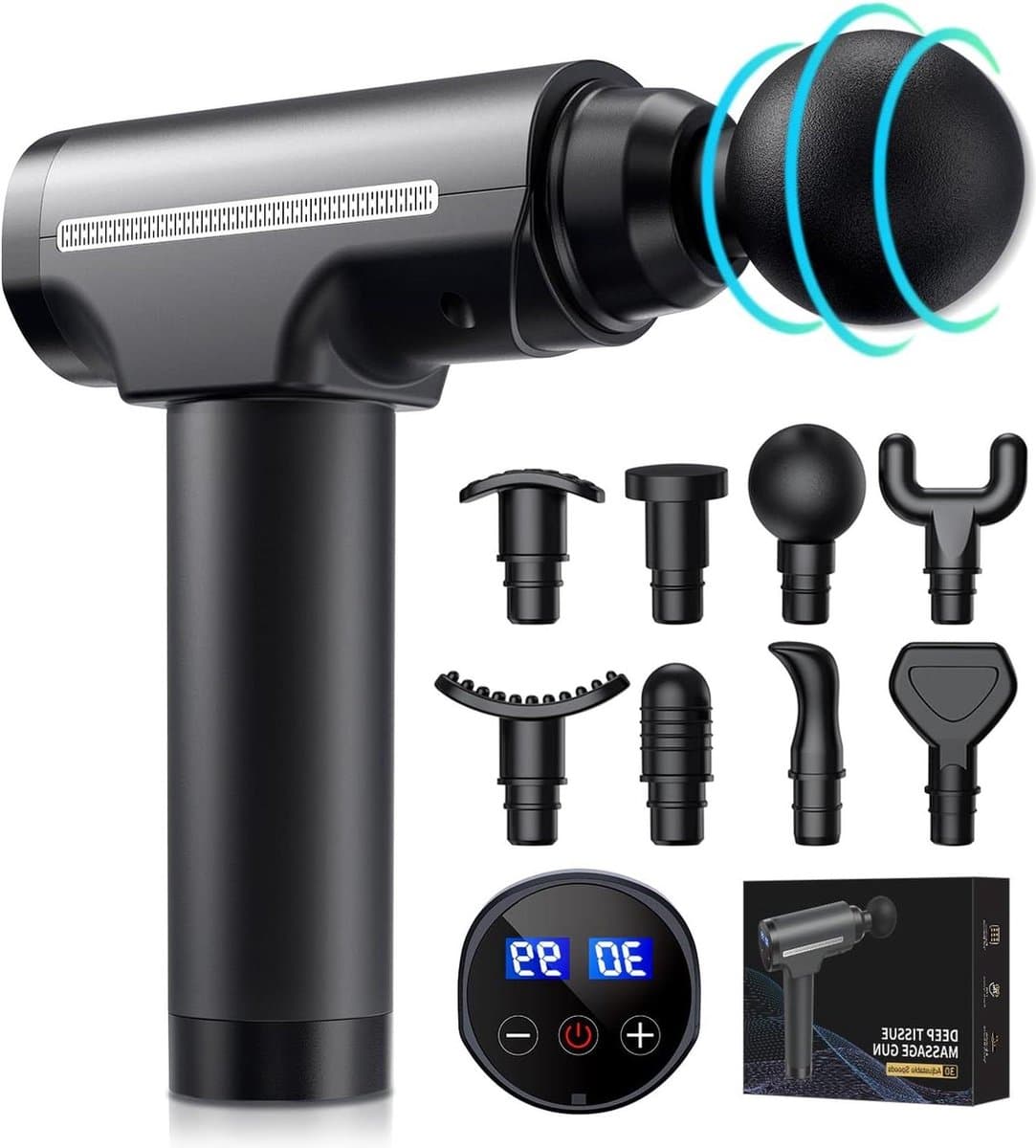 Massage Pistool Deep Tissue Massage Gun - Krachtige Spier Massager met 30 Snelheden - 8 Massagekoppen - LCD-aanraakscherm - Professioneel Spiermassagepistool — afbeelding 1