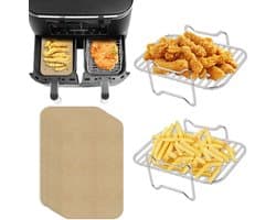 2 sets 8-liter airfryer racks - Airfryer Accessoires Set - inclusief 100 oliepapier - Geschikt voor Ninja Foodi DZ201 - DZ401 - 304 roestvrijstalen dubbele mand dehydrator papier liners