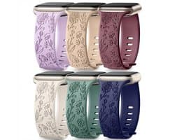 Gemengde kleur horlogebandjes 38 mm / 40 mm / 41 mm / 42 mm (serie 10 / 11) geschikt voor Apple Watch dames met bloemen gravure, siliconen smartwatch bandjes set van 6 vervangende horloge bandjes met gesp