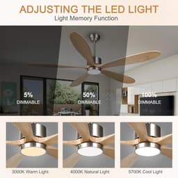 Houten Plafondventilator - Ventilator met Licht - Binnenruimtes Koelen - 5 Natuurlijke Bladen - 152 cm Diameter - Licht Khaki — thumbnail 4