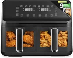 Dubbele Mand Luchtfriteuse 8.8 QT | Gezinsformaat Olievrije Friteuse met 360° Heet Lucht Technologie | 9 Voorgeprogrammeerde Kookopties