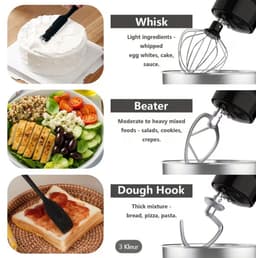 3-IN-1 Keukenstaande Mixer, 10-snelheden Kantelbare Mixer met Pulsfunctie, Inclusief 5,5L RVS Kom, Deeghaak, Mixer, Eierklopper, Spate,Roeren, Noedels kneden, Eieren kloppen, Slagroom, Afwijzen — thumbnail 4