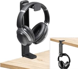 2-in-1 hoofdtelefoonstandaard - voor gebruik op bureau, boven en onder - verstelbare draaibare clip - zwart — thumbnail 1