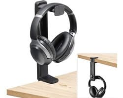 2-in-1 hoofdtelefoonstandaard - voor gebruik op bureau, boven en onder - verstelbare draaibare clip - zwart