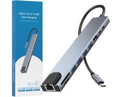 USB-C Hub - 10-in-1 Docking Station - 4x USB-A - 1x HDMI 4K - 1x USB-C 5Gbps - 1x Ethernet 100mbps - 1x USB-C PD 100W - USB Hub Laptop - SD/TF Kaarlezer - Grijs