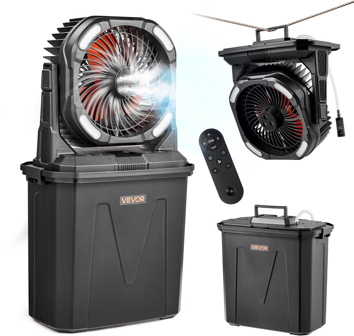 VEVOR Campingventilator, 2700 Rpm Motor, Vernevelingsventilator, Vernevelingsventilator met 9l Watertank, 10000mah Accu, 4 Windsnelheden en 5 Lichtstanden, Draagbare Staande Ventilator voor Kamperen, Vissen en Reizen — afbeelding 1