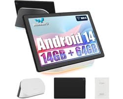 Android 14 Tablet met Bluetooth Soundbar Dock - 10.1 inch Kindertablet - 14GB RAM - 64GB ROM - IPS LCD Scherm 1280*800(HD) - TF-kaart, tot 1 TB - Ondersteunt ontgrendeling via gezichtsherkenning - Zwart