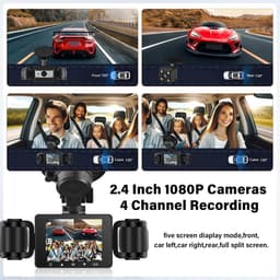 4-kanaals dashcam auto, 1080p dashcam autocamera en achter binnen met 64 GB kaart, 2,4 inch IPS-scherm, nachtzicht, G-sensor, 24 uur parkeren, parkassistent, bewegingsdetectie, loop-opname — thumbnail 4