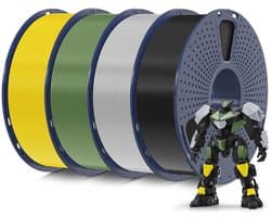 PLA 3D Printer Filament Bundle - 1.75mm, 1KG Spoel (4 Pack) - Zwart, Olijfgroen, Zilver, Geel