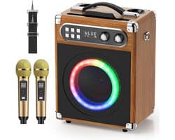 Karaoke Set - Bluetooth Speaker 20W - Inclusief 2 Draadloze Microfoons - Mobiel PA Systeem - Oplaadbaar - Bruin - Draagbaar voor Feestjes & Uitstapjes