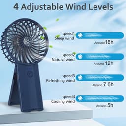 Oplaadbare Mini Handventilator met 4 Snelheden - Draagbare USB Ventilator voor Kantoor, Slaapkamer en Reizen - Stille Accuventilator (Donkerblauw) — thumbnail 4