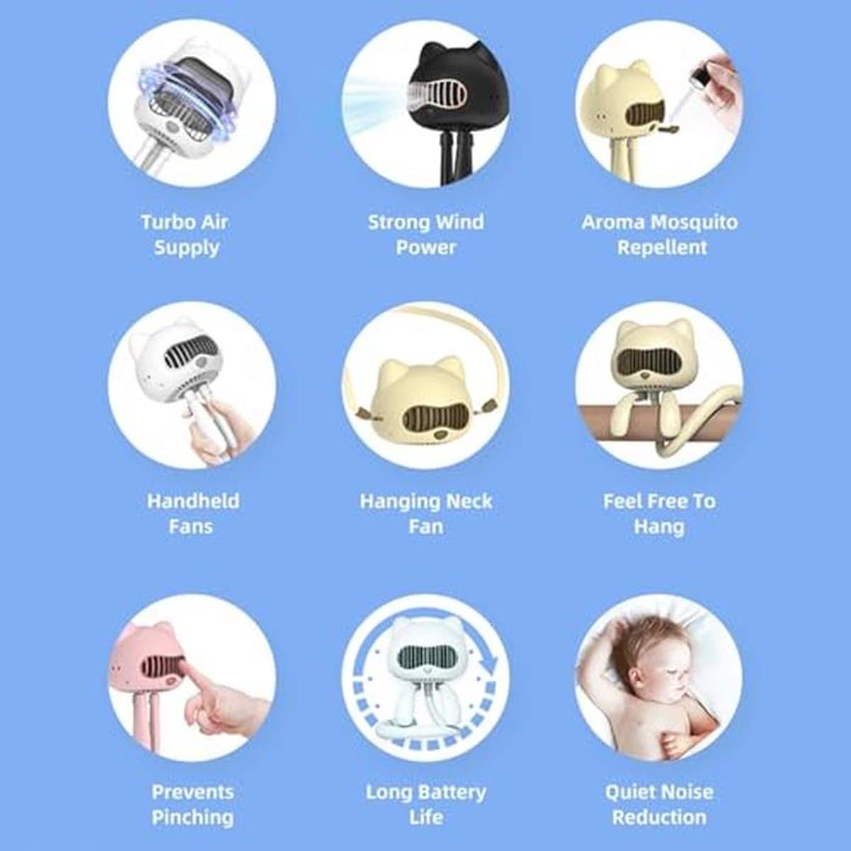 Stroller Fan Met Oplaadbare Accu en Aroma Verdeler - Handventilator en Tafelventilator in Bladloze Ontwerp — afbeelding 1