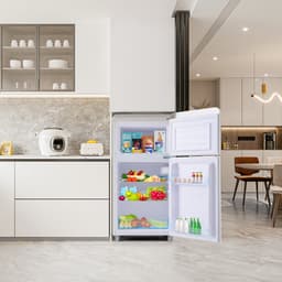 Koelkast, dubbeldeurs 46 x 45 x 91 cm, totale inhoud 72 liter, vriesvak 21 liter, jaarlijks stroomverbruik 120 kWh, ledverlichting, energielabel E, verkrijgbaar in meerdere kleuren, geschikt voor keukens, kinderkamers en appartementen. — thumbnail 6