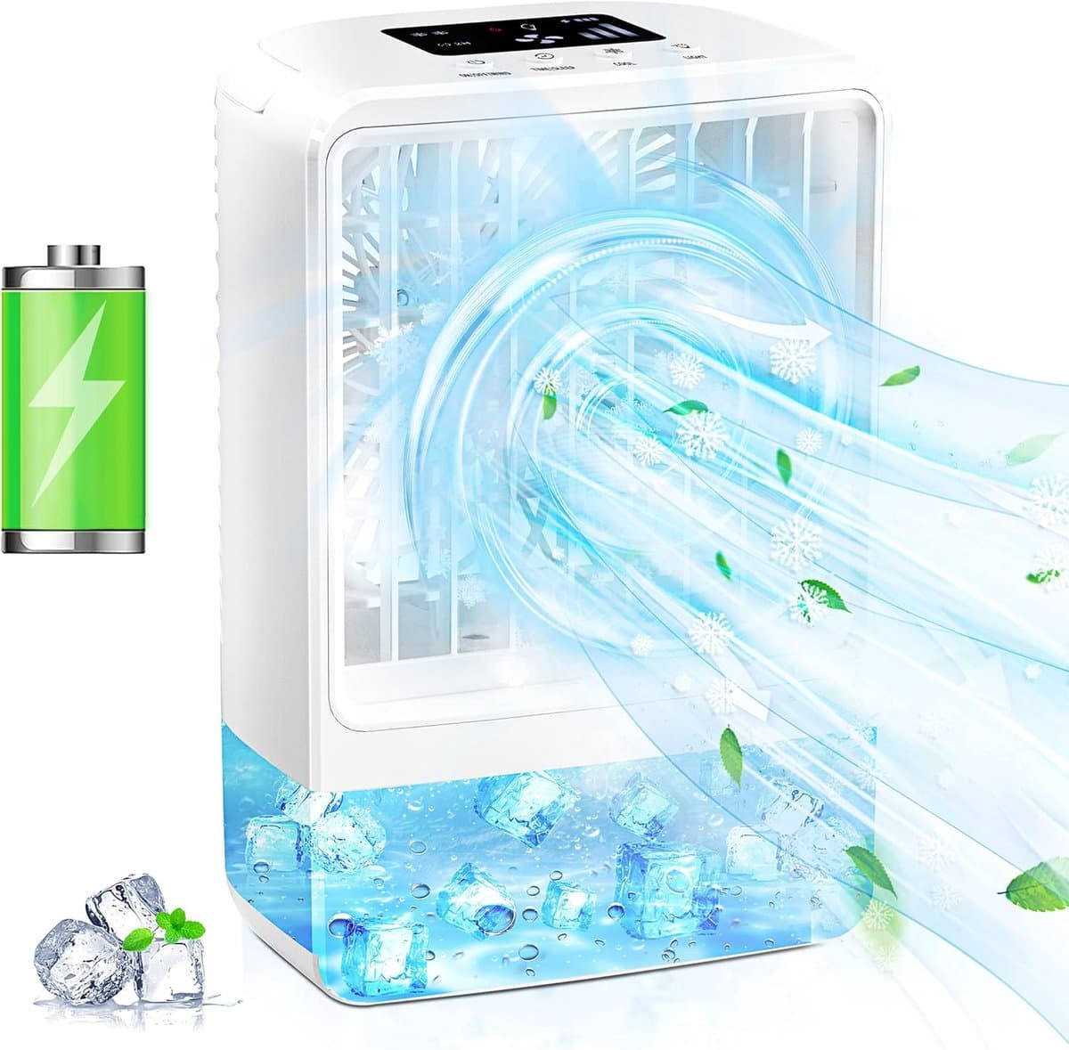 Draagbare airconditioner met ventilator, airconditioners met batterij voor thuis, kantoor en buiten, 4-in-1 ventilator, luchtkoeler, luchtbevochtiger, airconditioning, LED-nachtlampje — afbeelding 1