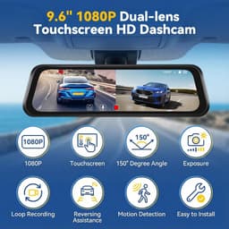 Thijox - 1080p Spiegel Dashcam Auto met Achteruitrijcamera 9,66 inch HD Touchscreen, Loop-opname, Nachtzicht, Bewegingsdetectie, Achteruitrijassistent — thumbnail 5