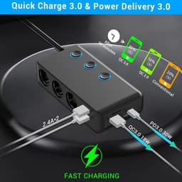 SnelShoppen - PD 30W Sigarettenaansteker Splitter Auto 200W met 3 Stopcontacten, 4 USB Oplaadpoorten, LED Voltmeter voor Mobiele Telefoon, GPS, DashCa — thumbnail 3