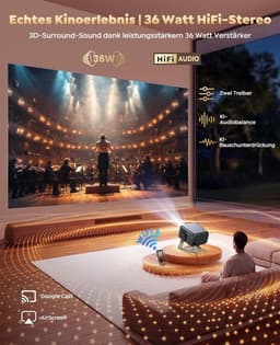 SnelShoppen - Beamer 4K met Google TV, autofocus, 360° draaibare standaard voor thuisbioscoop en buitengebruik, FULL HD 1080P LED-projector met 30W lu — thumbnail 3