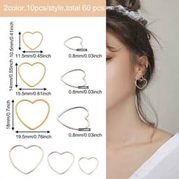 Set van 60 roestvrijstalen holle hartvormige bedelhangers in goud en zilver, met oorbelringen in 3 maten voor het maken van DIY sieraden — thumbnail 5