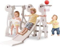 indoor babyglijbaan klim vrijstaande speelset met basketbalring & in hoogte verstelbare schommel (grijs) — thumbnail 1