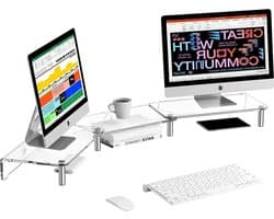 3-laags transparante Acryl Dual monitorstandaard - verstelbaar in lengte en hoek - anti-slip kussen - geschikt voor 2 monitoren