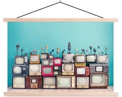 Posterhanger incl. Poster 120x80 cm - Schoolplaat - Televisie - Microfoon - Vintage - Textielposter - Blanke latten
