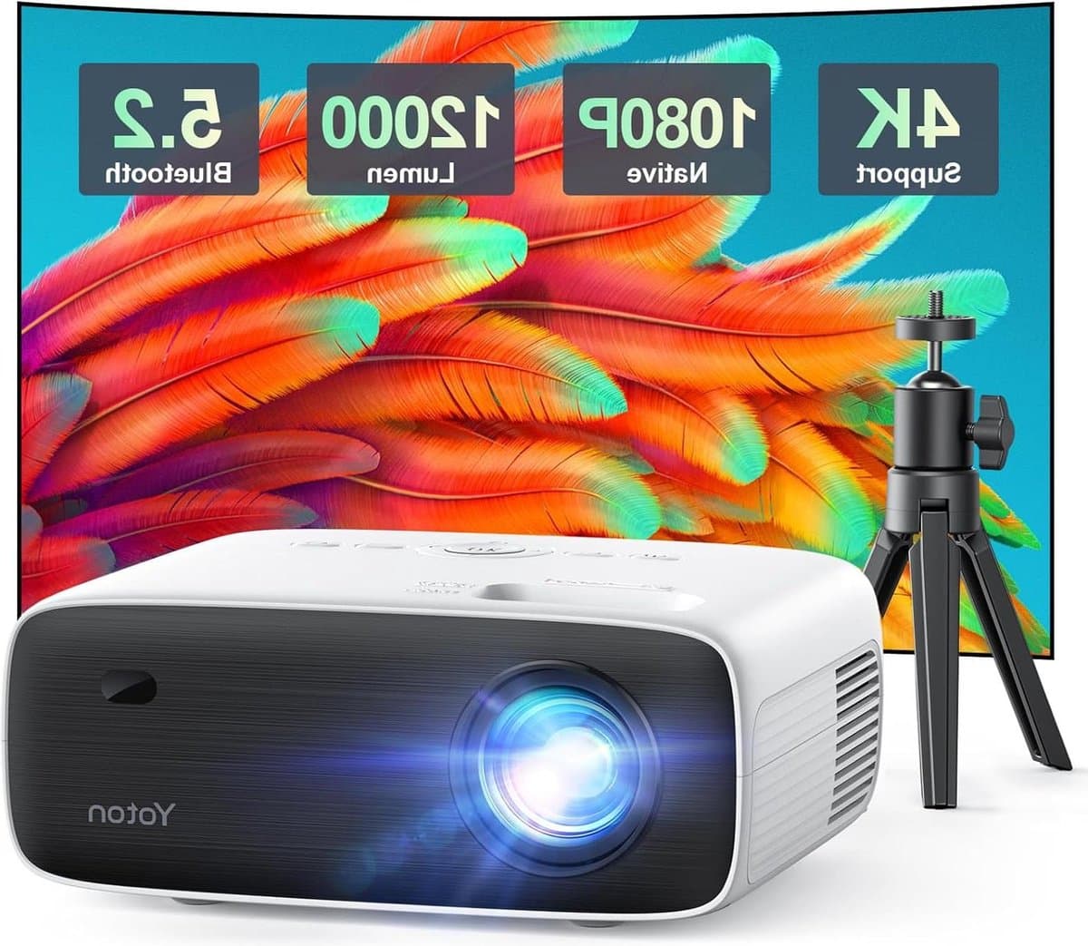 Bluetooth Projector 4K with Tripod - Native 1080P 12000 Lumens - Bluetooth 5.2 - Portable Home Video Movie Projector - Compatible with iOS-Android-HDMI-USB-AV-SD Card - Home Cinema Beamer — afbeelding 1