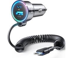 Autolader met Bedrade USB C Kabel 1.5 Meter - Snellader 72W - USB C en USB 3.0 - Joyroom