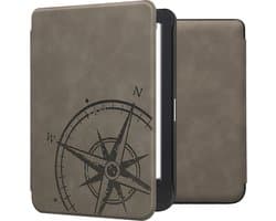 kwmobile e-reader hoesje geschikt voor Kobo Clara BW / Colour hoes - Ereader flip case met standaard - Kunstleren e reader cover - Vintage Kompas design in grijs