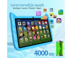 BDF Kindertablet 7 Inch, Dubbele Camera, Android en 64GB Opslag voor Kinderen Blauw kleur