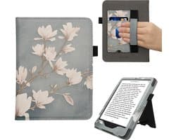 kwmobile e-reader hoesje geschikt voor Amazon Kindle Paperwhite (2024)/Colorsoft hoes - E reader flip case van kunstleer - Ereader cover met stand - Magnolia design in taupe / wit / blauwgrijs