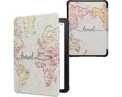 kwmobile e-reader hoesje geschikt voor Amazon Kindle Paperwhite (2024)/Colorsoft hoes - E reader flip case met magnetische sluiting - Ereader cover - Travel Wereldkaart design in zwart / meerkleurig