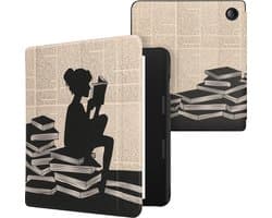 kwmobile e-reader hoesje geschikt voor Tolino Epos 3 hoes - E reader flip case met magnetische sluiting - Ereader cover - Meisje met boeken design in zwart / beige