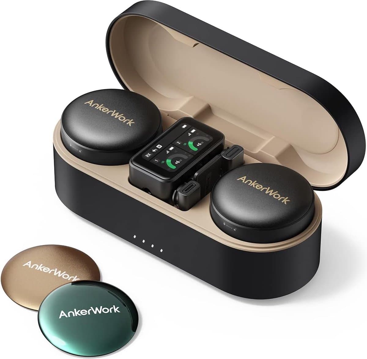 AnkerWork M650 Draadloze Lavaliermicrofoon – Professionele Ruisonderdrukking – Magnetische Covers – 2-Kanaals Ontvanger – 200 m Bereik – 15 Uur Batterijduur – Geschikt voor Vlogs en Livestreams – Zwart — afbeelding 1