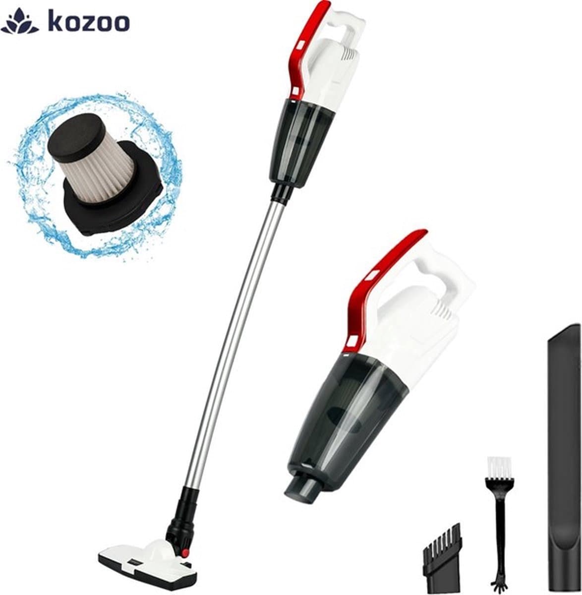 Kozoo Steelstofzuiger Draadloos - Zonder Zak - Op Accu - 4-in-1 - Vacuum Cleaner - Draadloze Stofzuiger - Inclusief Kruimeldief - Kruimelzuiger - HEPA Filter - 0,75L Stofbak - 3 Verschillende Opzetstukken - Rood/Wit — afbeelding 1