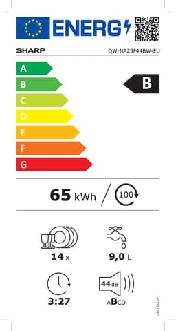 Sharp QWNA25F44BWEU - vrijstaande vaatwasser - energie label B - 14 couverts - besteklade + topsproeier - wit — thumbnail 2