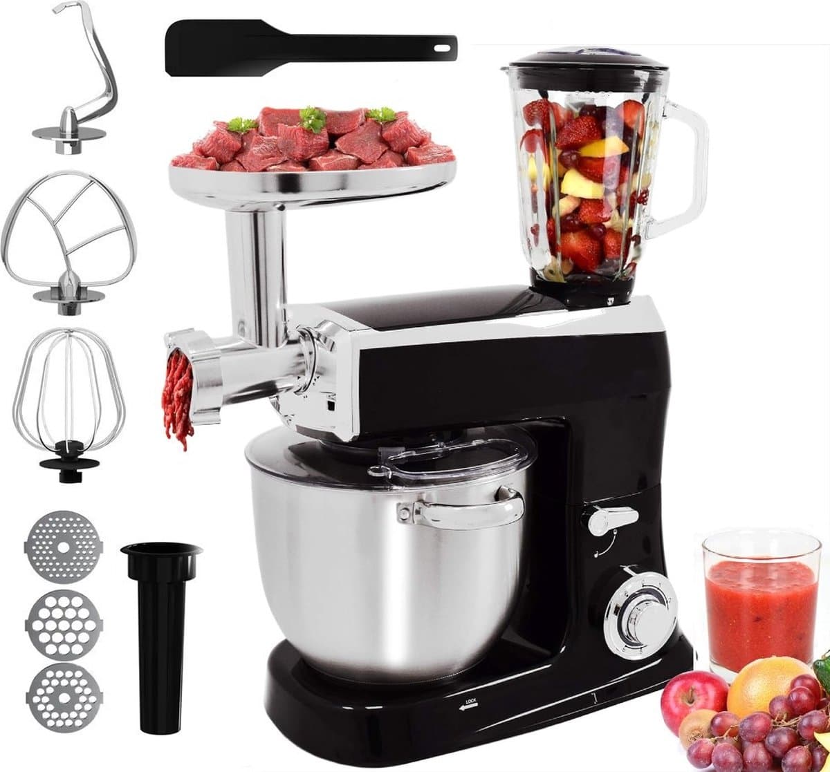 Royalty Line® PKM2100BG 3 in 1 Keukenmachine - 7.5 L Keukenrobot - Krachtig 2100W Foodprocessor - Keukenmixer Met Blender & Vleesmolen - Zwart — afbeelding 1
