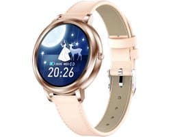 Darenci Smartwatch Classy Pro - Smartwatch dames - Smartwatch heren - Activity Tracker - Touchscreen - Lederen band - Dames - Heren - Horloge - Stappenteller - Bloeddrukmeter - Verbrande calorieën - Zuurstofmeter - Roségoud - Roze - Spatwaterdicht