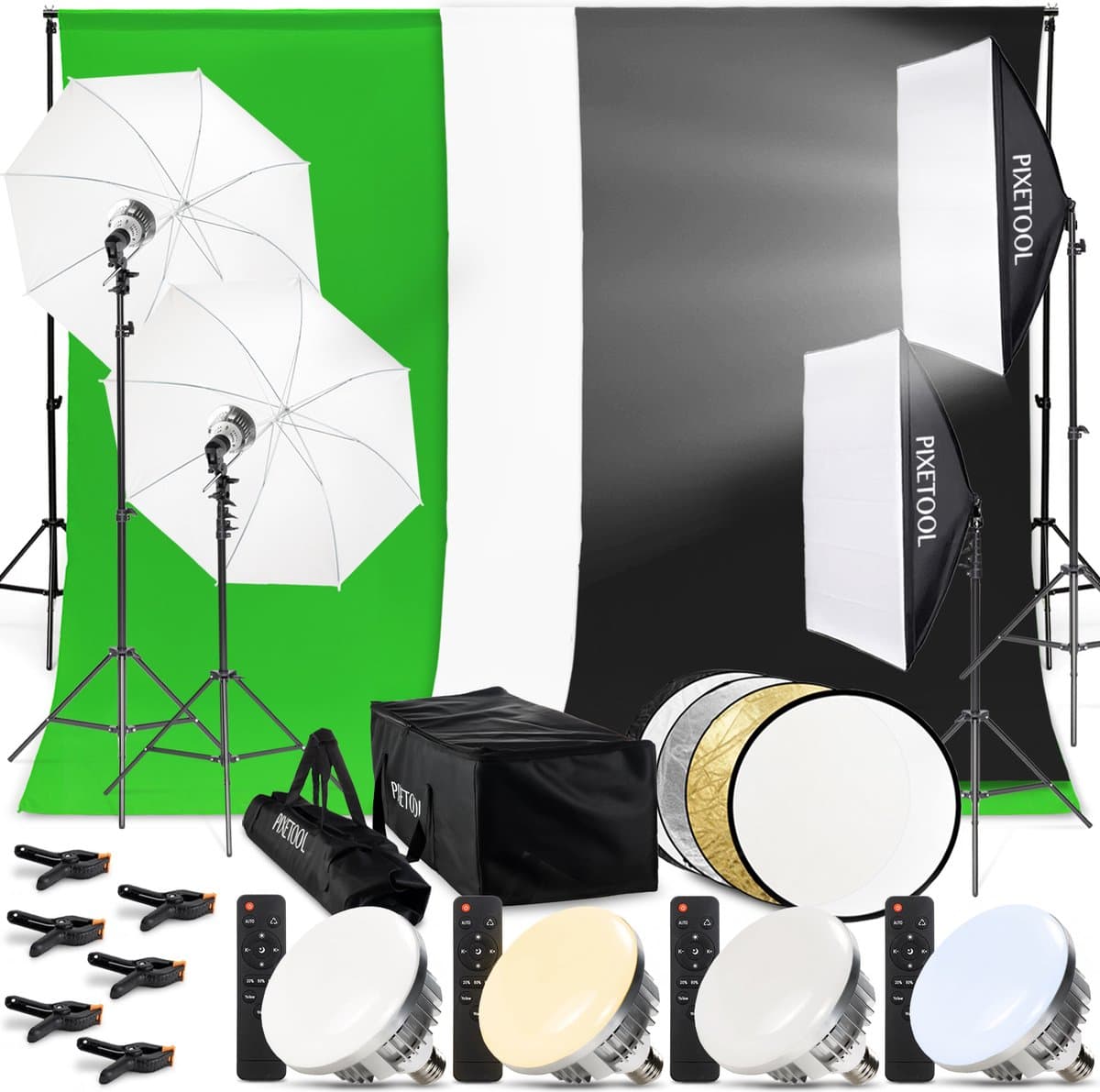 Pixetool Green screen 3 x 3M met Achtergrondsysteem 2,6 x 3M – Fotostudio Set – Greenscreen Set – Inclusief Wit en Zwart achtergronddoek, Softbox, Paraplu’s, Lamphouders, LED lampen, Reflectiescherm & Draagtas — afbeelding 1