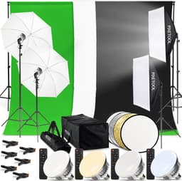 Pixetool Green screen 3 x 3M met Achtergrondsysteem 2,6 x 3M – Fotostudio Set – Greenscreen Set – Inclusief Wit en Zwart achtergronddoek, Softbox, Paraplu’s, Lamphouders, LED lampen, Reflectiescherm & Draagtas — thumbnail 1