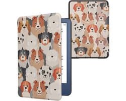 kwmobile e-reader hoesje geschikt voor Amazon Kindle (2022/2024) hoes - E reader flip case met magnetische sluiting - Ereader cover - Honden Ontwerp design in wit / lichtbruin / grijs