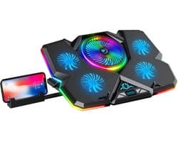 CoolCold Laptop Koeler + Telefoonhouder - 5 Ventilatoren - Laptop Cooling Pad - Laptop Koeler - RGB - Verstelbaar Laptop Standaard - Gaming