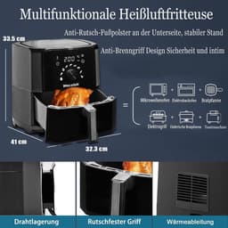 Airfyer - 6 LITER - Led display - 9-in-1 Kookmodi - Temperatuurregeling en Timer - Olievrije Gezonde Kookervaring - Gemakkelijke Reiniging - Zwart - 1700W — thumbnail 3
